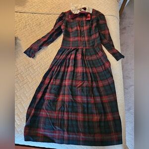 Laura Ashley Burgundy Plaid Dress with Lace Detail